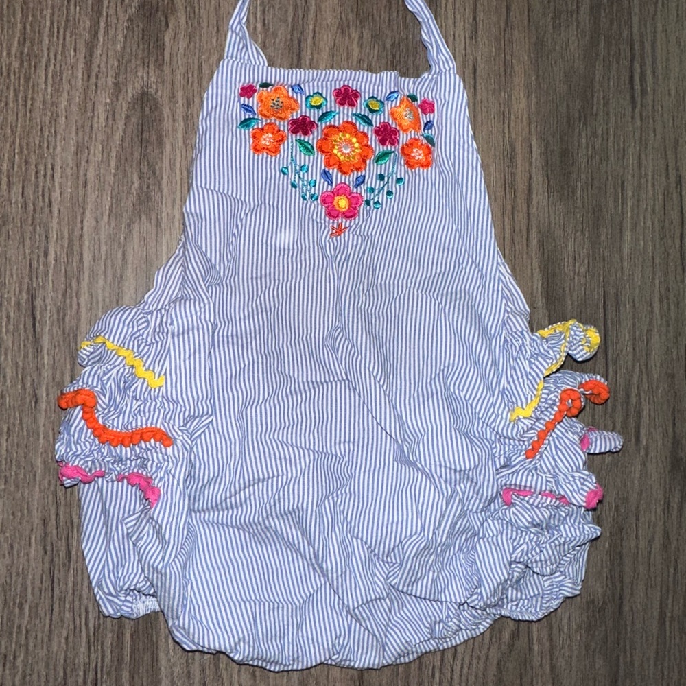 Striped Floral Embroidered Kids One Piece